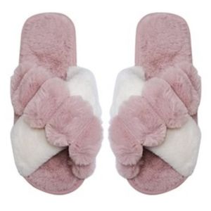 PINK AND WHITE POM POM FLUFFY HOME SLIDE SLIPPERS